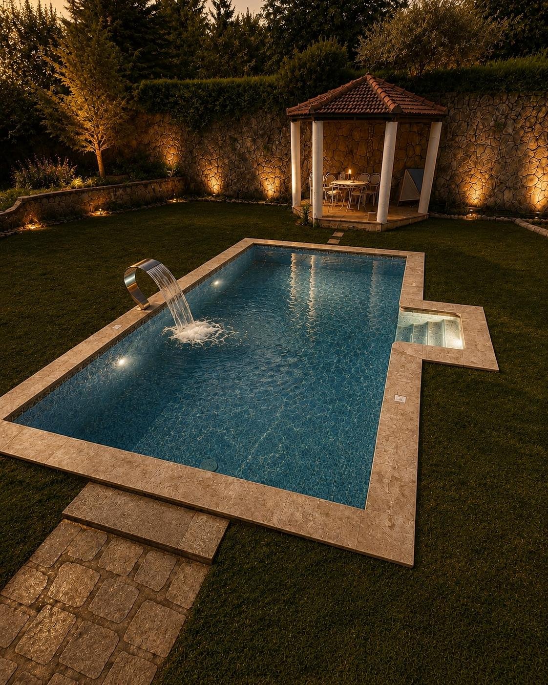Akşam ışığında tamamlanmış, mavi su yüzeyli villa havuzu